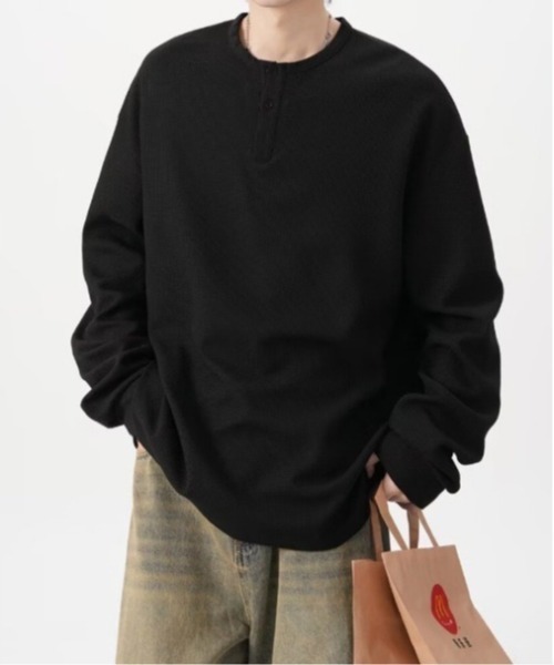 SHEPP(シープ)の「ビッグシルエットワッフル無地ヘンリーネックロンT(Tシャツ/カットソー・メンズ・ホワイト/グレー/ブラック・M/L)」の11枚目の写真