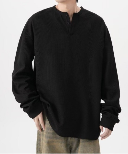SHEPP(シープ)の「ビッグシルエットワッフル無地ヘンリーネックロンT(Tシャツ/カットソー・メンズ・ホワイト/グレー/ブラック・M/L)」の12枚目の写真