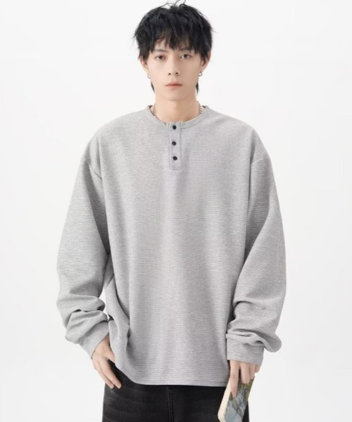 SHEPP(シープ)の「ビッグシルエットワッフル無地ヘンリーネックロンT(Tシャツ/カットソー・メンズ・ホワイト/グレー/ブラック・M/L)」の9枚目の写真