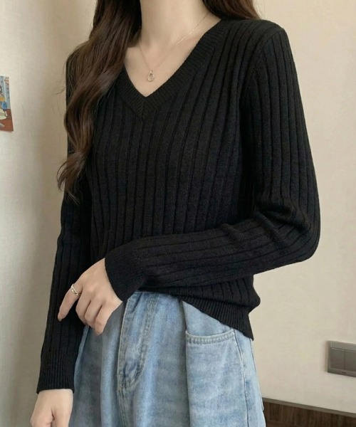 cammie(キャミー)の「ワイドリブVネックトップス(Tシャツ/カットソー・レディース・ネイビー/ホワイト/ブラック・LARGE/MEDIUM)」の2枚目の写真