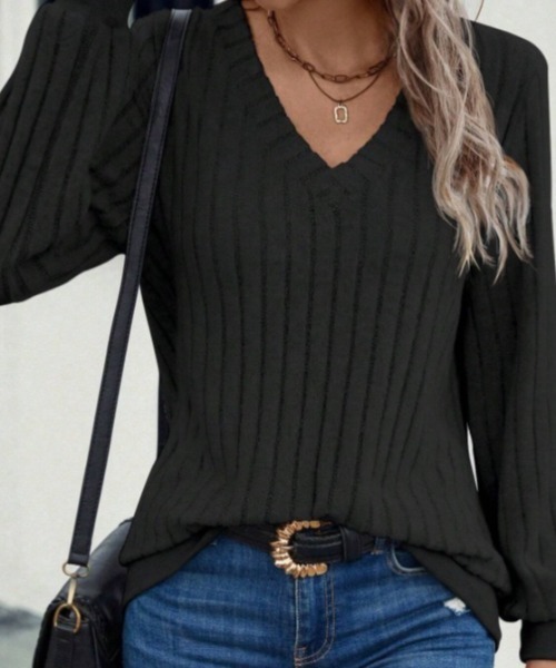 cammie(キャミー)の「ワイドリブVネックトップス(Tシャツ/カットソー・レディース・ネイビー/ホワイト/ブラック・LARGE/MEDIUM)」の6枚目の写真