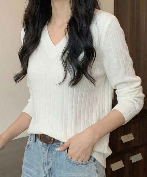 cammie(キャミー)の「ワイドリブVネックトップス(Tシャツ/カットソー・レディース・ネイビー/ホワイト/ブラック・LARGE/MEDIUM)」の16枚目の写真