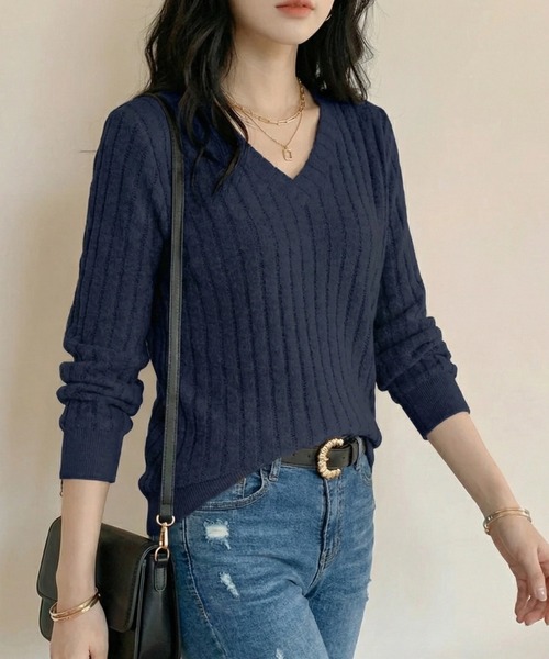cammie(キャミー)の「ワイドリブVネックトップス(Tシャツ/カットソー・レディース・ネイビー/ホワイト/ブラック・LARGE/MEDIUM)」の10枚目の写真