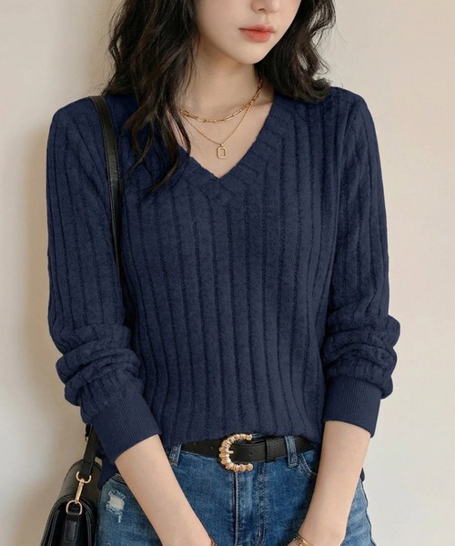 cammie(キャミー)の「ワイドリブVネックトップス(Tシャツ/カットソー・レディース・ネイビー/ホワイト/ブラック・LARGE/MEDIUM)」の11枚目の写真