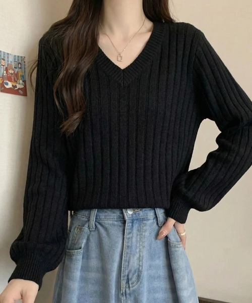cammie(キャミー)の「ワイドリブVネックトップス(Tシャツ/カットソー・レディース・ネイビー/ホワイト/ブラック・LARGE/MEDIUM)」の12枚目の写真