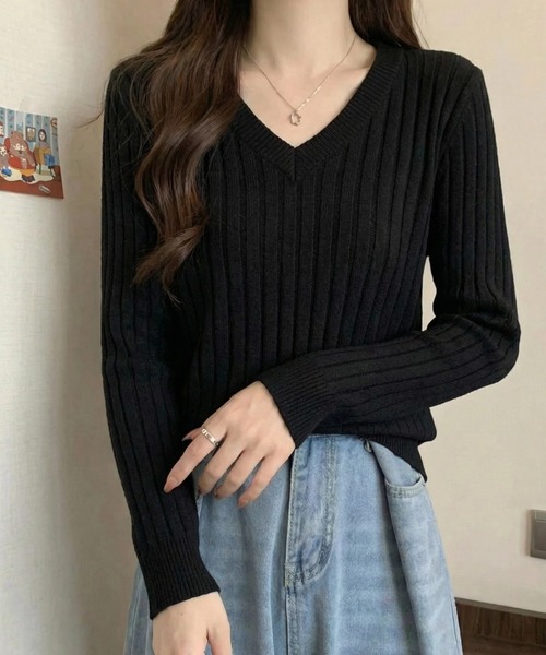 cammie(キャミー)の「ワイドリブVネックトップス(Tシャツ/カットソー・レディース・ネイビー/ホワイト/ブラック・LARGE/MEDIUM)」の13枚目の写真