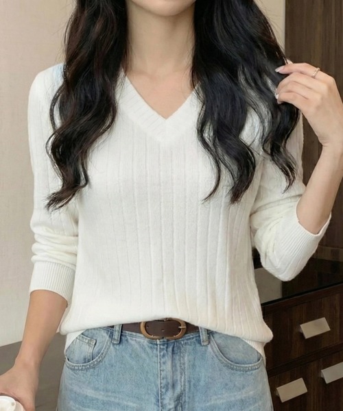 cammie(キャミー)の「ワイドリブVネックトップス(Tシャツ/カットソー・レディース・ネイビー/ホワイト/ブラック・LARGE/MEDIUM)」の15枚目の写真