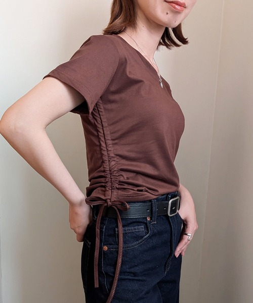 styiro（スタイロ）の「サイド絞りダブルフェイスチビTシャツ トップス ショート丈（Tシャツ/カットソー・レディース・ブラック/ブラウン/ホワイト・M/XL）」の15枚目の写真