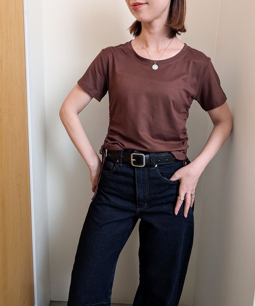 styiro（スタイロ）の「サイド絞りダブルフェイスチビTシャツ トップス ショート丈（Tシャツ/カットソー・レディース・ブラック/ブラウン/ホワイト・M/XL）」の18枚目の写真
