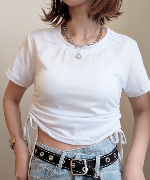 styiro（スタイロ）の「サイド絞りダブルフェイスチビTシャツ トップス ショート丈（Tシャツ/カットソー・レディース・ブラック/ブラウン/ホワイト・M/XL）」の21枚目の写真