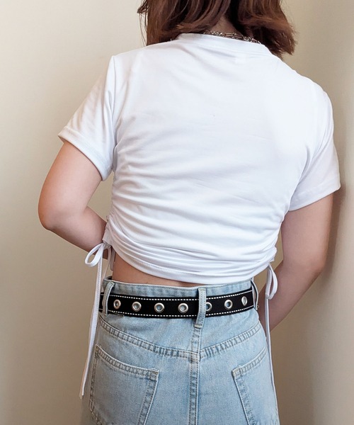 styiro（スタイロ）の「サイド絞りダブルフェイスチビTシャツ トップス ショート丈（Tシャツ/カットソー・レディース・ブラック/ブラウン/ホワイト・M/XL）」の22枚目の写真