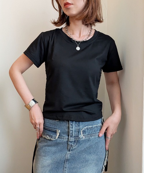 styiro（スタイロ）の「サイド絞りダブルフェイスチビTシャツ トップス ショート丈（Tシャツ/カットソー・レディース・ブラック/ブラウン/ホワイト・M/XL）」の9枚目の写真