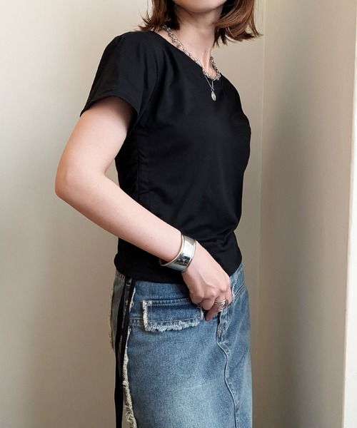 styiro（スタイロ）の「サイド絞りダブルフェイスチビTシャツ トップス ショート丈（Tシャツ/カットソー・レディース・ブラック/ブラウン/ホワイト・M/XL）」の10枚目の写真