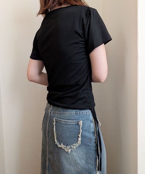styiro（スタイロ）の「サイド絞りダブルフェイスチビTシャツ トップス ショート丈（Tシャツ/カットソー・レディース・ブラック/ブラウン/ホワイト・M/XL）」の11枚目の写真