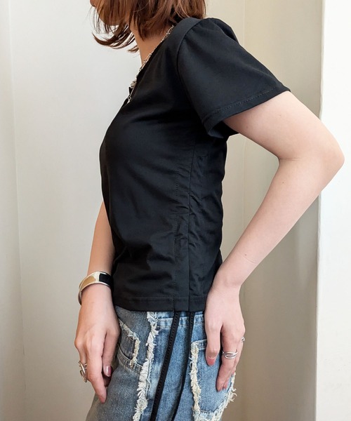 styiro（スタイロ）の「サイド絞りダブルフェイスチビTシャツ トップス ショート丈（Tシャツ/カットソー・レディース・ブラック/ブラウン/ホワイト・M/XL）」の12枚目の写真