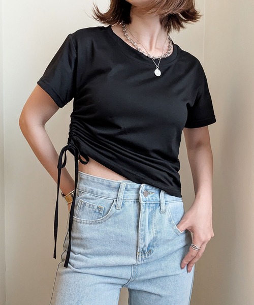 styiro（スタイロ）の「サイド絞りダブルフェイスチビTシャツ トップス ショート丈（Tシャツ/カットソー・レディース・ブラック/ブラウン/ホワイト・M/XL）」の20枚目の写真