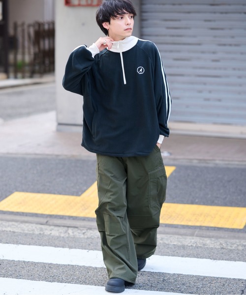 KANGOL】別注袖ラインバイカラーワンポイント刺繍ハーフジップフリース