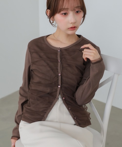 Bab（バブ）の「チュールギャザーカーディガン（カーディガン/ボレロ・レディース・ブラウン/ブラック/杢グレー/アイボリー・FREE）」の4枚目の写真