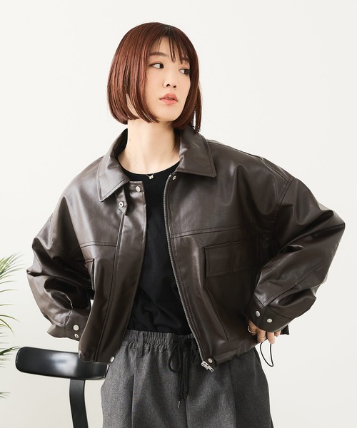 フェイクレザーショートブルゾン ブラウン 美品 セール】【fort point/フォートポイント】フェイクレザー ショート丈