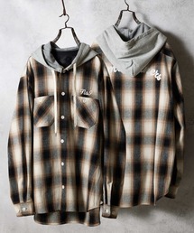 NUMBER (N)INE | BRUSHED COTTON OMBRE PLAID FLANNEL EMBROIDERY BACK LOGO HOODIE SHIRT / コットン オンブレー チェック 刺繍 バック ロゴ フード シャツ(シャツ/ブラウス)