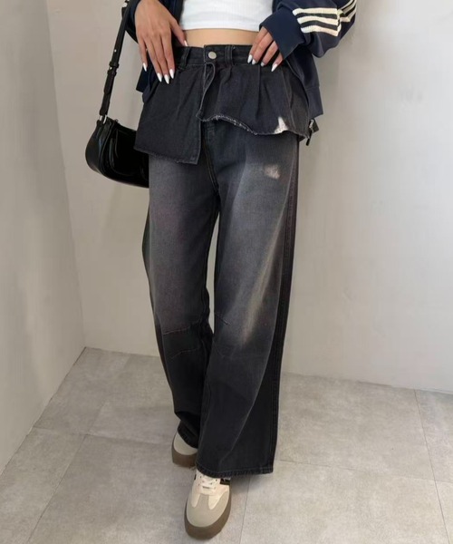 レイヤードブラックデニムパンツ（デニムパンツ）｜mebole（メボレ）の