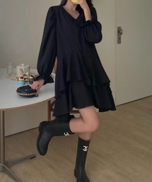 ティアードフリルパフスリーブワンピース