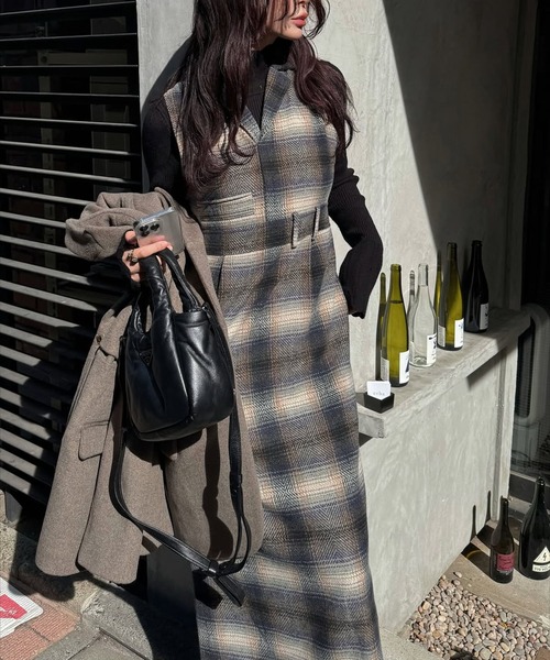 セール】tailored collar no sleeve check OP（ワンピース 