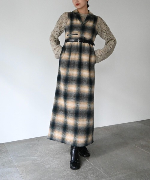 セール】tailored collar no sleeve check OP（ワンピース