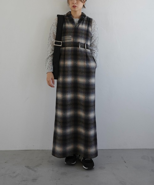 セール】tailored collar no sleeve check OP（ワンピース