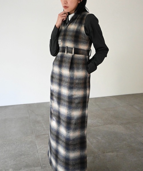 セール】tailored collar no sleeve check OP（ワンピース