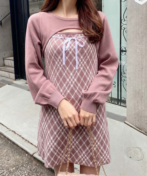 INGNI（イング）の「デコルテオープンチェック柄切替ニットワンピース（ワンピース・レディース・ベージュ系1/ブラウン系その他3/ブラック系その他6・M）」の2枚目の写真