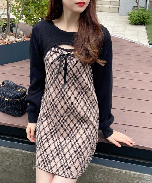 INGNI（イング）の「デコルテオープンチェック柄切替ニットワンピース（ワンピース・レディース・ベージュ系1/ブラウン系その他3/ブラック系その他6・M）」の6枚目の写真
