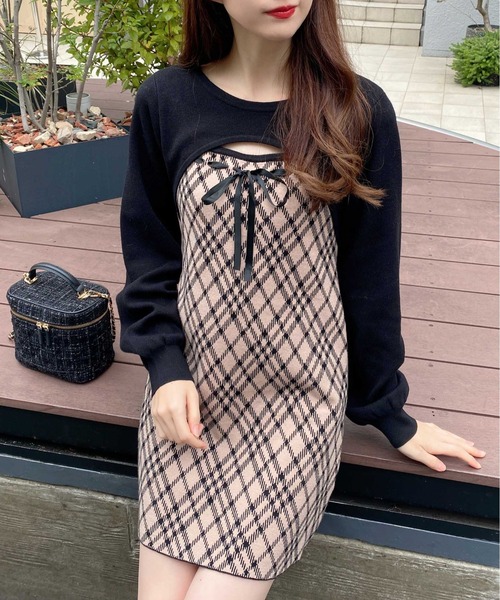 INGNI（イング）の「デコルテオープンチェック柄切替ニットワンピース（ワンピース・レディース・ベージュ系1/ブラウン系その他3/ブラック系その他6・M）」の7枚目の写真