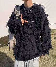 フリンジダメージクルーネックニット