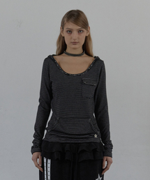 SOFT STRIPE HOODIE TOP / BLACK