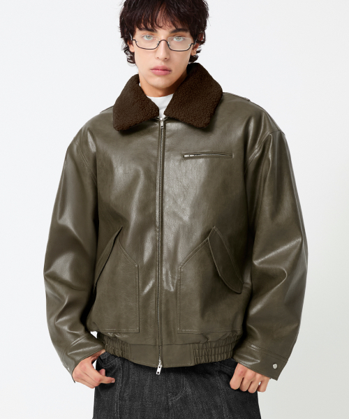 フリースカラーフライトレザージャケット_カーキ（ムートンコート