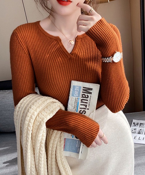 lulufa(ルルファ)の「キーネックスリムフィットリブニットプルオーバー(ニット/セーター・レディース・ブラック/ホワイト/チャコール/オートミール/ベージュ/オレンジ・FREE)」の17枚目の写真