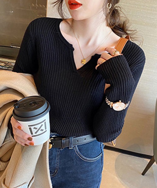 lulufa(ルルファ)の「キーネックスリムフィットリブニットプルオーバー(ニット/セーター・レディース・ブラック/ホワイト/チャコール/オートミール/ベージュ/オレンジ・FREE)」の10枚目の写真