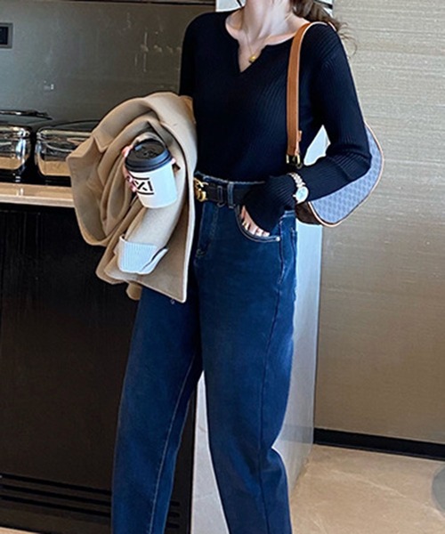 lulufa(ルルファ)の「キーネックスリムフィットリブニットプルオーバー(ニット/セーター・レディース・ブラック/ホワイト/チャコール/オートミール/ベージュ/オレンジ・FREE)」の12枚目の写真