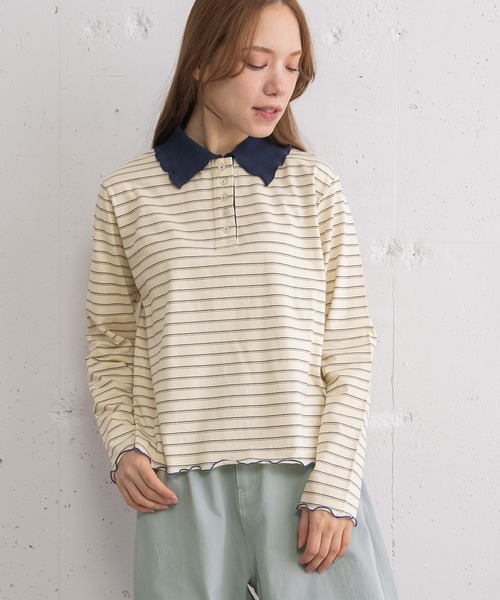 POU DOU DOU(プードゥドゥ)の「並びボタン配色衿トップス(Tシャツ/カットソー・レディース・ネイビー/キナリ/ダークグレー/ブルー・3)」の8枚目の写真