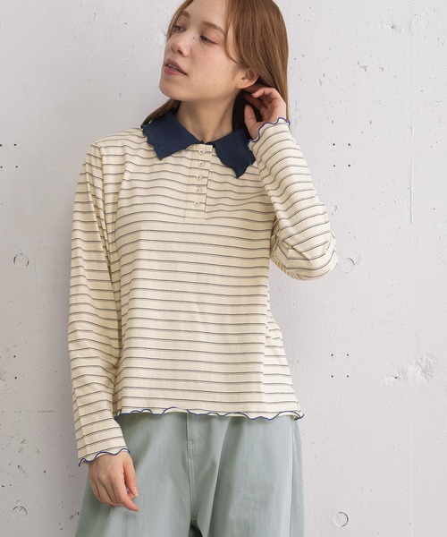 POU DOU DOU(プードゥドゥ)の「並びボタン配色衿トップス(Tシャツ/カットソー・レディース・ネイビー/キナリ/ダークグレー/ブルー・3)」の9枚目の写真