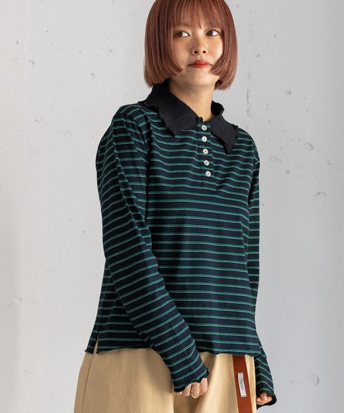 POU DOU DOU(プードゥドゥ)の「並びボタン配色衿トップス(Tシャツ/カットソー・レディース・ネイビー/キナリ/ダークグレー/ブルー・3)」の15枚目の写真