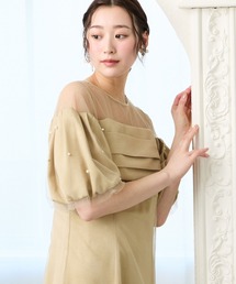 チュール×ヴィンテージサテンパールパフスリーブパーティードレス 結婚式 お呼ばれ ドレス 20代 30代