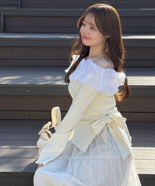 OLIVE des OLIVE(オリーブデオリーブ)の「【インフルエンサー企画】yui ちゅるふわリボンオフショルトップス(Tシャツ/カットソー・レディース・グレー/ピンク/アイボリー・FREE)」の10枚目の写真