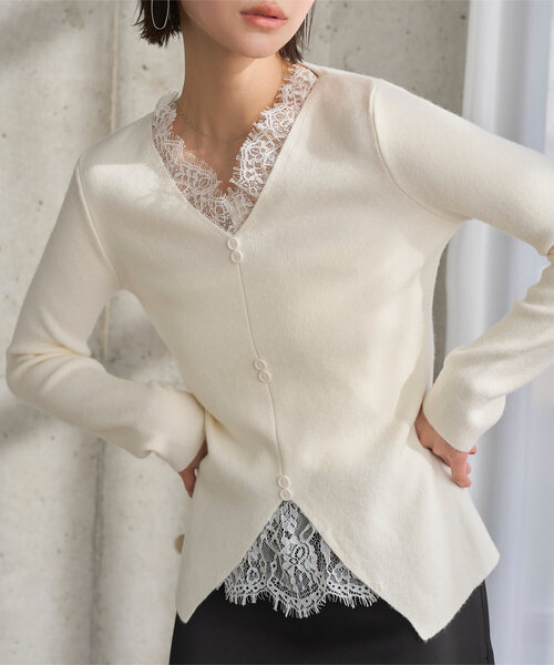 KOBE LETTUCE（コウベレタス）の「レースドッキングニット（ニット/セーター・レディース・ブラック/アイボリー/ピンク・M）」の2枚目の写真