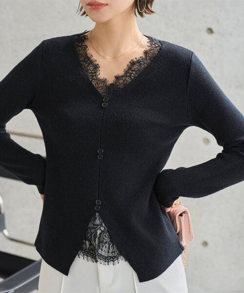 KOBE LETTUCE（コウベレタス）の「レースドッキングニット（ニット/セーター・レディース・ブラック/アイボリー/ピンク・M）」の3枚目の写真