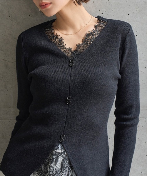 KOBE LETTUCE（コウベレタス）の「レースドッキングニット（ニット/セーター・レディース・ブラック/アイボリー/ピンク・M）」の4枚目の写真