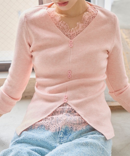 KOBE LETTUCE（コウベレタス）の「レースドッキングニット（ニット/セーター・レディース・ブラック/アイボリー/ピンク・M）」の6枚目の写真