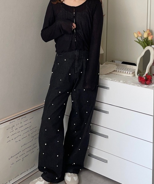 merrylatte(メリーラテ)の「パールスタッズ ヴィンテージ ストレートデニム【NOUA】(デニムパンツ・レディース・ブルー/ブラック・FREE/M/S)」の2枚目の写真