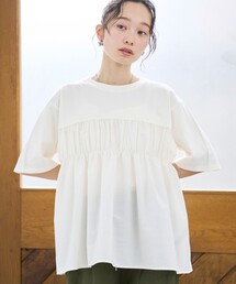 coen | 布帛ドッキング 切替ギャザーTシャツ(Tシャツ/カットソー)